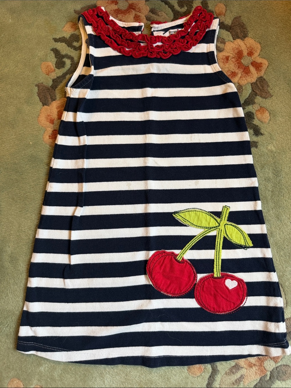 Hartstrings Navy & White Striped Dress with Red Cherry Applique